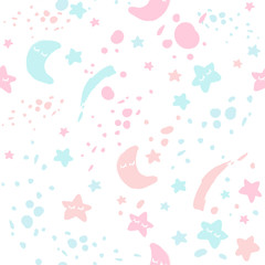 Seamless kiddish pattern. Pink and blue stars and moon. Modern baby illustration