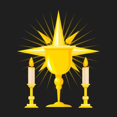 Fototapeta na wymiar Catholic things poster vector illustration. Chalice holy christian religion. Cup-shaped pot that Catholic priest uses to consecrate wine at mass. Burning candles with shining star.