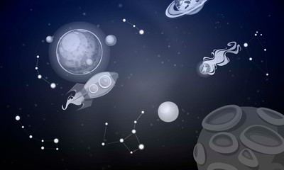 Obraz na płótnie Canvas Cosmos with planets banner vector illustration. Spaceship travel to new planets and galaxies. Space trip future technology. onstellation, stars with moon. Rocket in outer space.