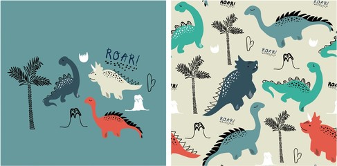 set of cute dinosaur print and seamless pattern with dinosaurs. vector illustration