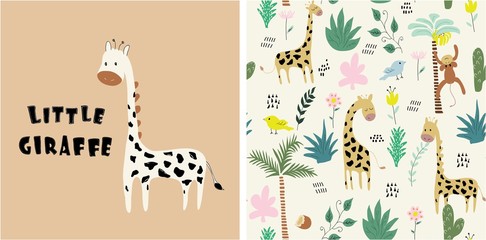 Naklejki  zestaw ślicznego wydruku żyrafy i bezszwowego wzoru z żyrafami.ilustracja wektorowa