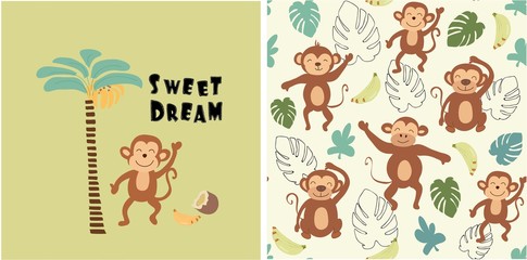 set of monkey print and seamless pattern with monkeys.vector