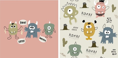 set of cute monster print and seamless pattern with monsters.vector illustration