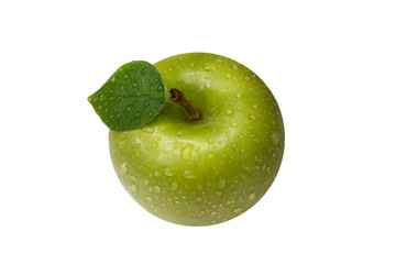 green Apple with leaf on isolated white background with water drops side view