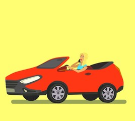 Happy Lady in Car .Driving Courses, Auto Salon Design Element . Vector illustration,