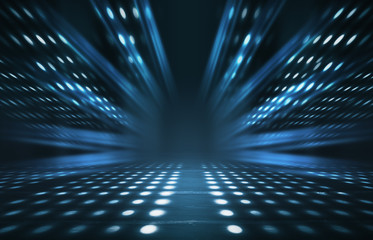 Empty background scene. Dark street reflection on the wet pavement. Rays  neon light in the dark, neon figures, smoke. Night view of the street, the city. Abstract dark background.