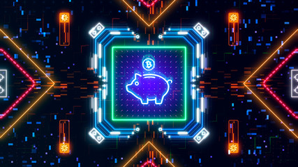 Piggy bank with bitcoin coin symbol on abstract digital cyber background