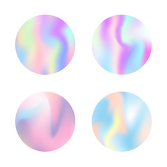 Gradient round set with holographic mesh. Liquid abstract gradient round set backdrops. 90s, 80s retro style. Iridescent graphic template for brochure, flyer, poster, wallpaper, mobile screen.