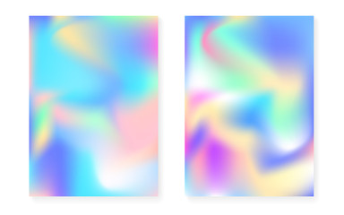 Hologram gradient background set with holographic cover. 90s, 80s retro style. Iridescent graphic template for book, annual, mobile interface, web app. Plastic minimal hologram gradient.