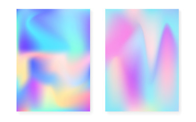 Holographic cover set with hologram gradient background. 90s, 80s retro style. Pearlescent graphic template for brochure, banner, wallpaper, mobile screen. Vibrant minimal holographic cover.