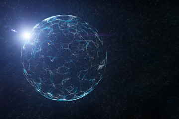 Artistic shiny sphere on conceptual technology and science cyberspace copy space background. 3d...