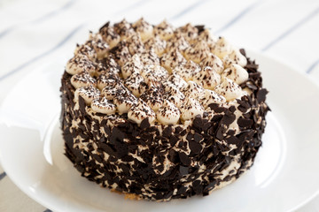 A tiramisu cake on a white plate, low angle view. Close-up.
