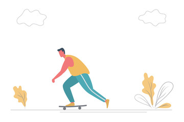 Skateboarder on skateboard in the park. There is also plants and clouds in the picture. The concept of sports lifestyle. Funny flat style. Vector illustration