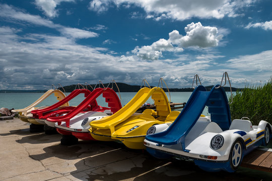 Colouful pedal boats at summer on Lake Balaton in Hungary