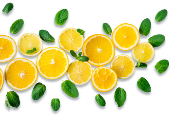 Sliced orange with mint isolated on white background. Element for banner with orange and mint. Tropical fruits
