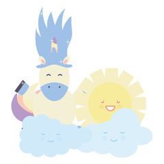 cute adorable unicorn with clouds and sun kawaii characters