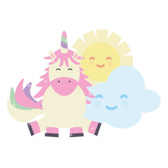 cute adorable unicorn with clouds and sun kawaii characters