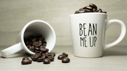 Espresso Coffee Cup With Beans Falling Out Funny Design Logo Phrase 