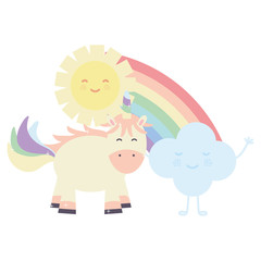 Obraz na płótnie Canvas cute unicorn in rainbow with clouds and sun kawaii characters