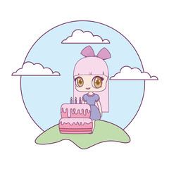 cute little doll with cake of birthday in landscape