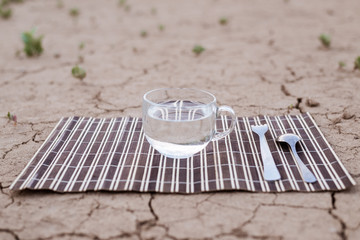 Water is the most necessary food for a person. A cup of water and cutlery on the dried ground.