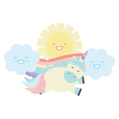 cute unicorn in rainbow with clouds and sun kawaii characters