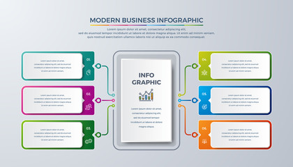 Modern infographic with green, purple, orange, and blue color can be used for your process, steps, workflow layout, and more. Infographic with Idea, research, process, launching, growth, goal icon.