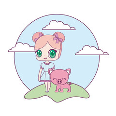 cute little doll with piggy animal in landscape