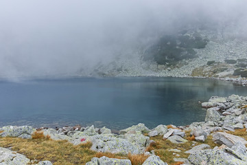 Landscape with fog over Musalenski lakes,  Rila mountain, Bulgaria