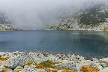 Landscape with fog over Musalenski lakes,  Rila mountain, Bulgaria