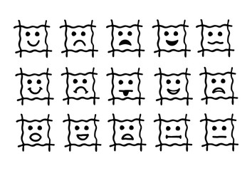 15 emoticons icons, smiley. Signs and symbols of human emotions, pictograms, collections. Black and white. Vector graphics.