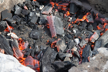 Charcoal burning in the grill. The fire in the grill. Kindle fire. Danger. Cooking.