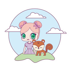 cute little doll with chipmunk animal in landscape