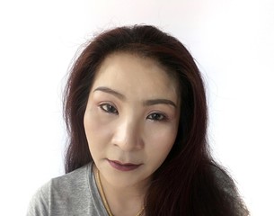 portrait of young woman,Middle-aged Asian women who still have beautiful faces and long hair ... White background.