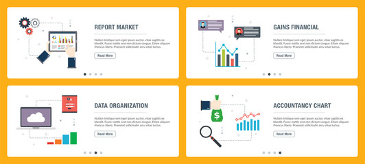 Internet banner set of report, accountancy and organization icons.