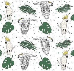 Vector seamless pattern of hand drawn doodle sketch cockatoo parrot and palm leaves isolated on white background 