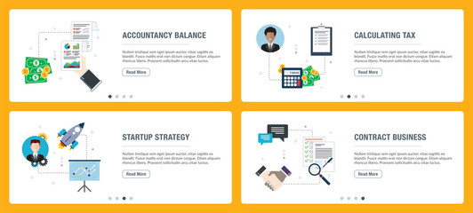 Fototapeta premium Internet banner set of accountancy, tax and startup icons.