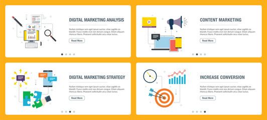 Internet banner set with marketing digital, analytics and strategy icons.