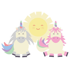 cute adorable unicorns with sun kawaii fairy characters