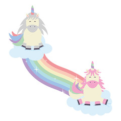 cute adorable unicorns with clouds and rainbow