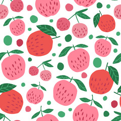 Red apples and leaves seamless pattern on white background.