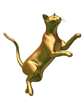 Fantasy illustration of a statue of a gold siamese cat leaping in the air, 3d digitally rendered illustration