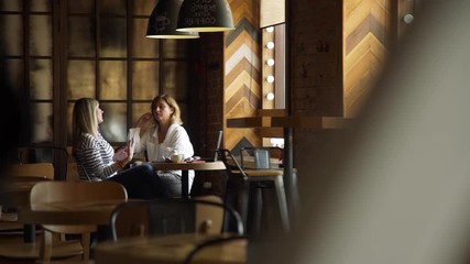 Business Colleagues Having a Meeting in a Cafe during Launch Break. Two Mature Business Woman Discussing improtant Project. Lifestyle and Business People Concept