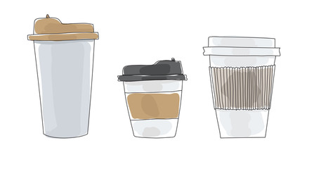 Coffee cups to go paper hand drawn art cute vector illustration