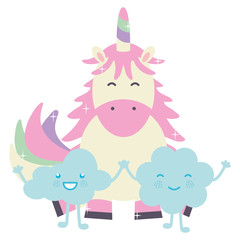 Obraz na płótnie Canvas cute adorable unicorn and clouds kawaii fairy characters
