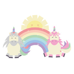 cute adorable unicorns with sun and rainbow kawaii characters