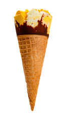 mango and chocolate flavor ice cream cone on white with clipping path