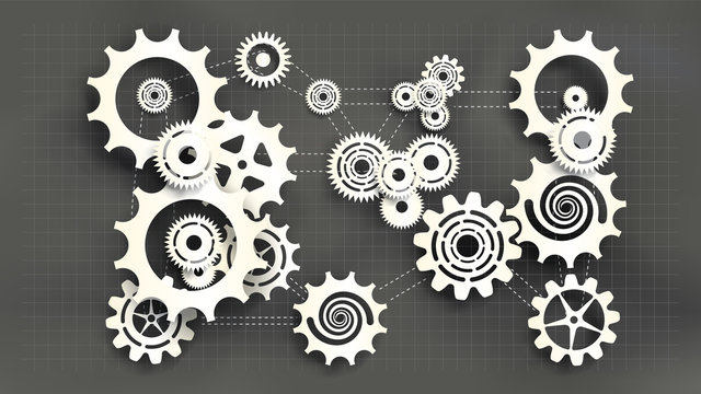 Paper cut style white gears and cogs on gray blueprint chalkboard background. Size ratio 1920x1080px. EPS10, VECTOR, Illustration. EPS10, VECTOR, Illustration.