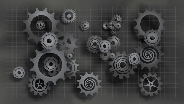 Paper cut style realistic black gears and cogs on gray blueprint chalkboard background. Size ratio 1920x1080px. EPS10, VECTOR, Illustration.  