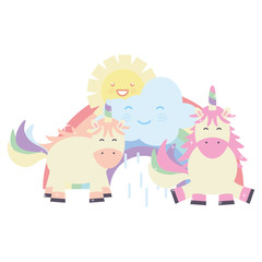 cute unicorns in rainbow with clouds and sun kawaii characters